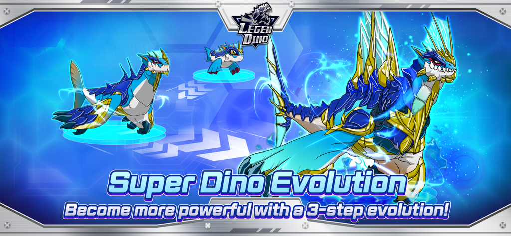 A screenshot of Legendino showing the three stage evolution process of a blue and yellow dinosaur creature