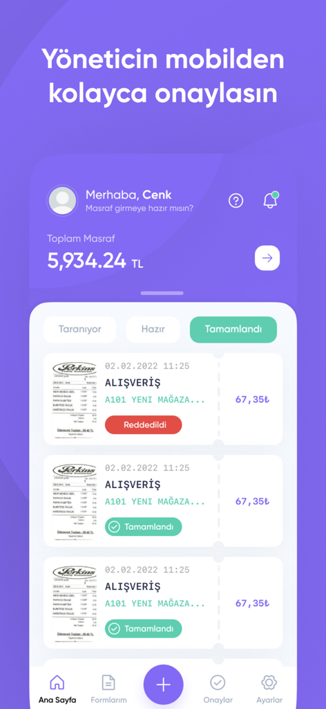 Masraff - Mobile interface of Masraff app showing expense summaries and receipt approval status.