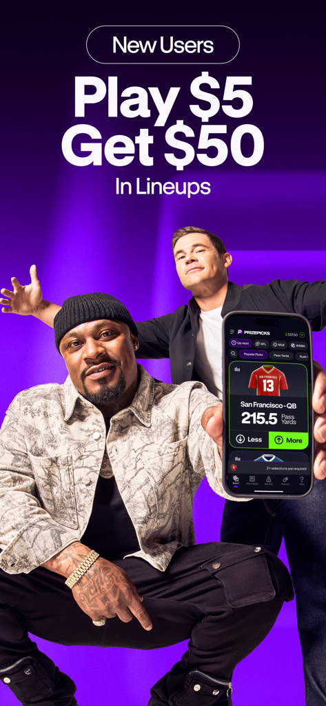 PrizePicks promotional banner showing a play five dollars get fifty dollars offer for new users.