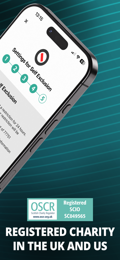 BetBlocker: Gambling Exclusion - iPhone screen displaying BetBlocker self-exclusion settings and text highlighting its status as a registered charity in the UK and US.