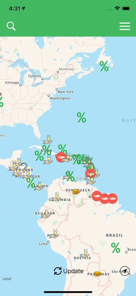 TipFox - TipFox map view showing tipping customs and icons across North and South America