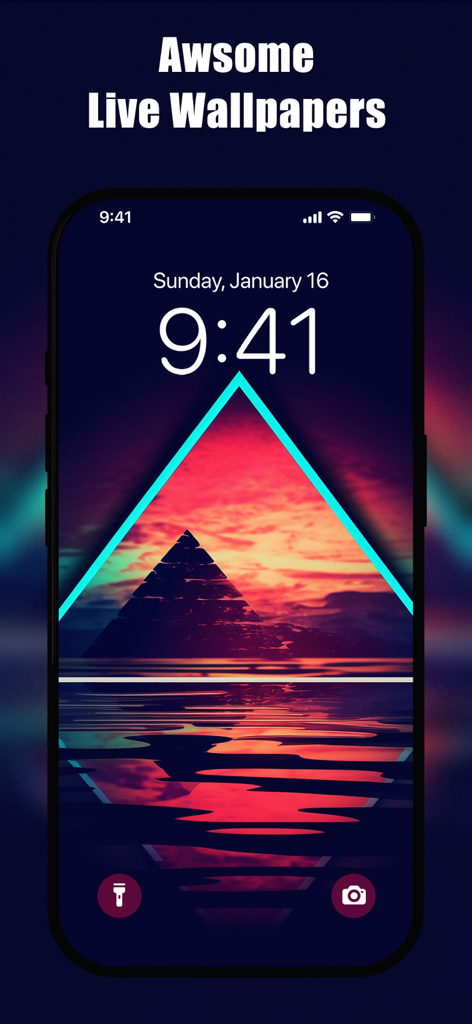 iPhone lock screen displaying a retro pyramid live wallpaper with a colorful sunset
