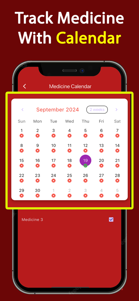 Medication Tracker Reminder - Interfaz de la aplicación Rastreador de Medicamentos que muestra un calendario mensual con el estado de la ingesta diaria de medicamentos.