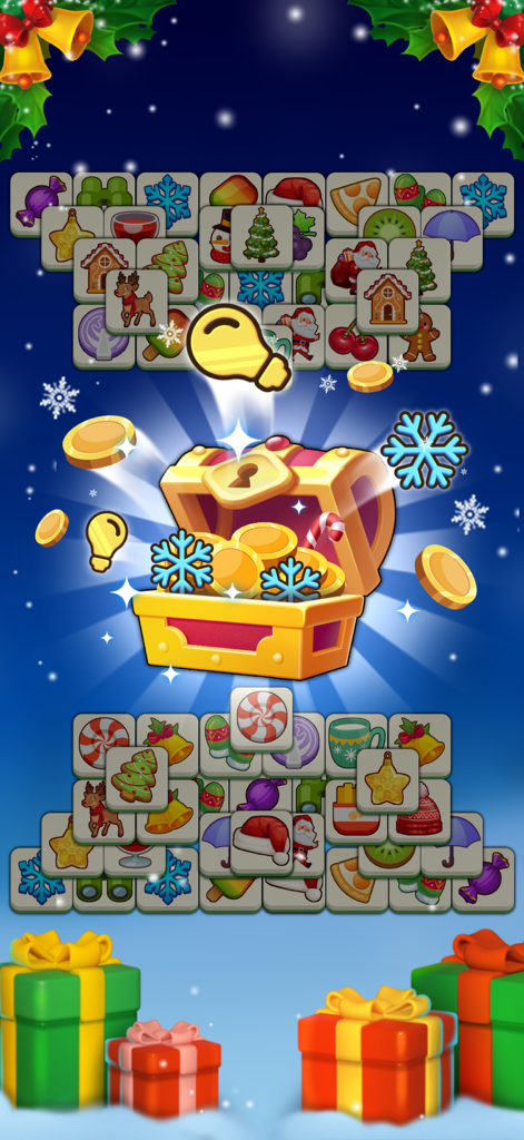 Tile Triple 3D - A festive Christmas themed level in the Tile Triple 3D game showing a treasure chest with rewards