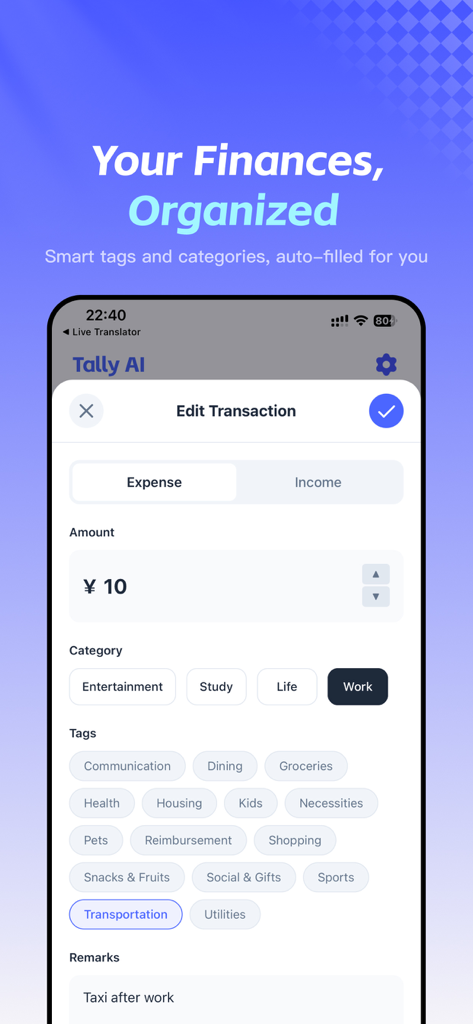 Tally AI: Expense & Budget Log - A mobile app screen showing a transaction edit interface for Tally AI with smart tags and categories auto filled for an expense