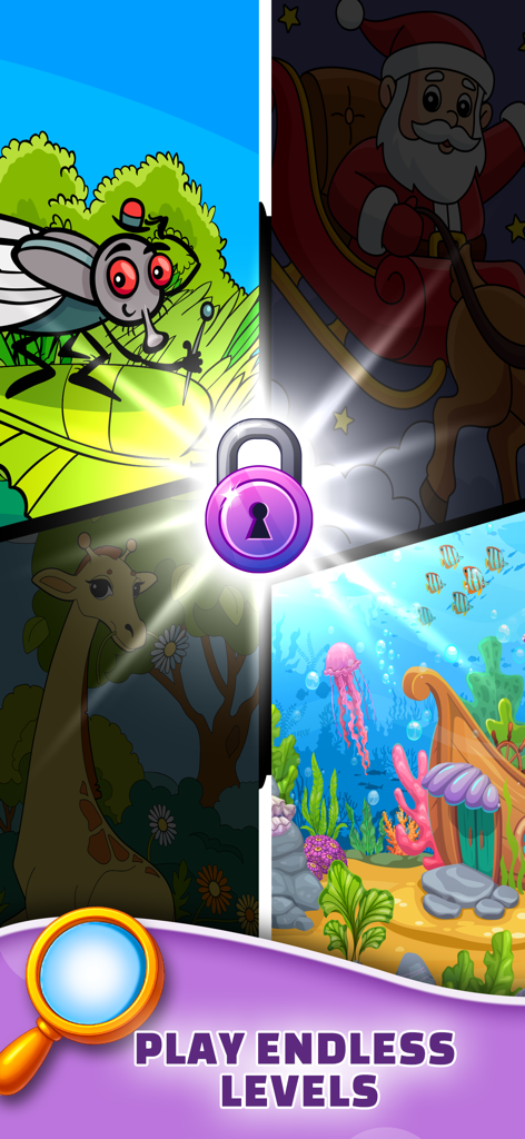 Differences Game - Find & Spot - A collage of colorful puzzle scenes including a giraffe, Santa, and an underwater world with the text Play Endless Levels