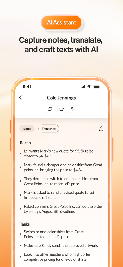 RingCentral - RingCentral app interface showing AI generated meeting notes and task list for business productivity