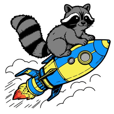 realistic raccoon flying on top rocket ship