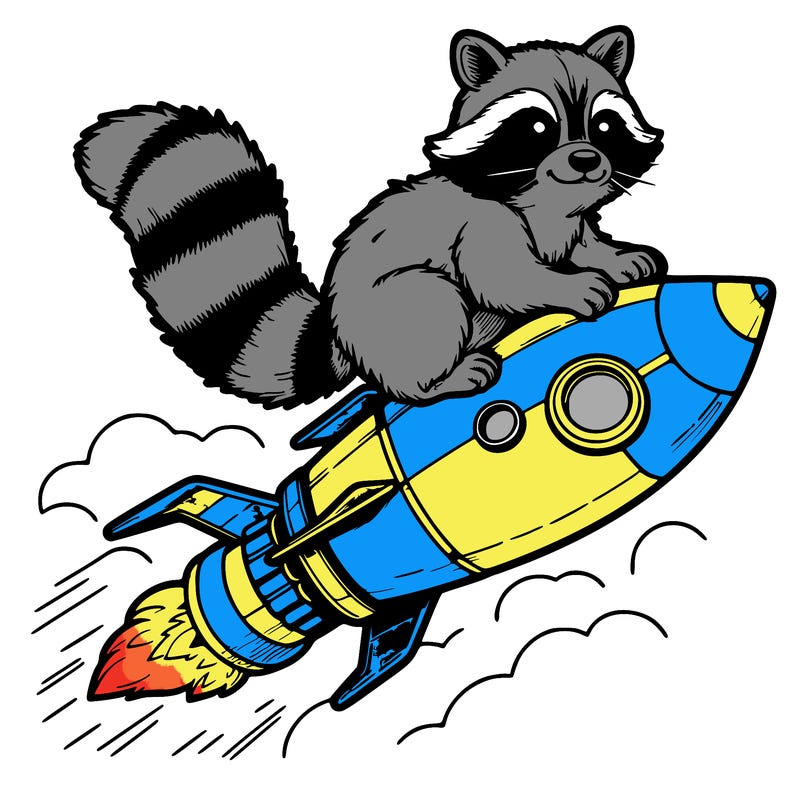 realistic raccoon flying on top rocket ship