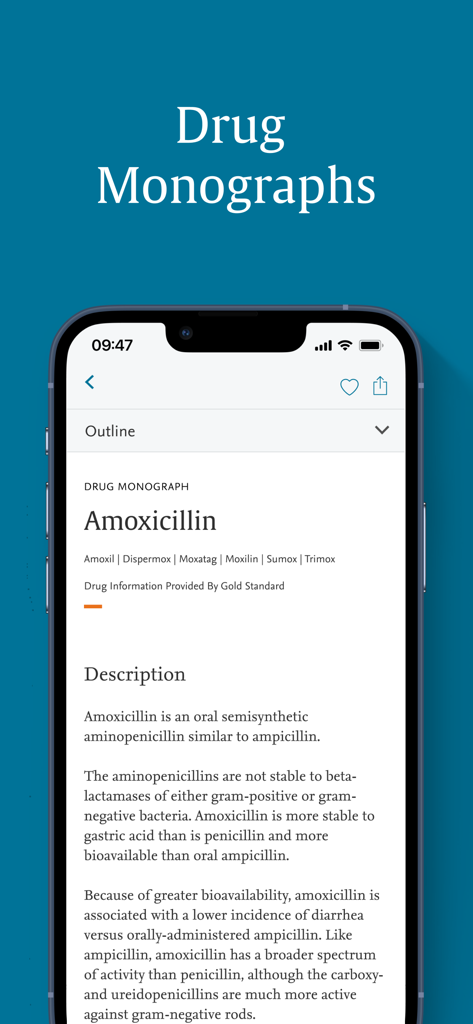 ClinicalKey - A medical drug monograph for Amoxicillin displayed on the ClinicalKey mobile app interface