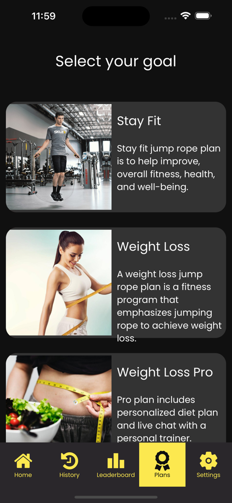 Jump Rope Counter with Calorie - Select your goal screen in the jump rope app showing Stay Fit and Weight Loss workout plans