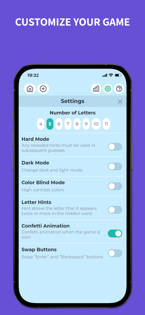 WordGrid - Guess the Word - WordGrid game settings menu on a mobile phone showing customization options like word length and hard mode.