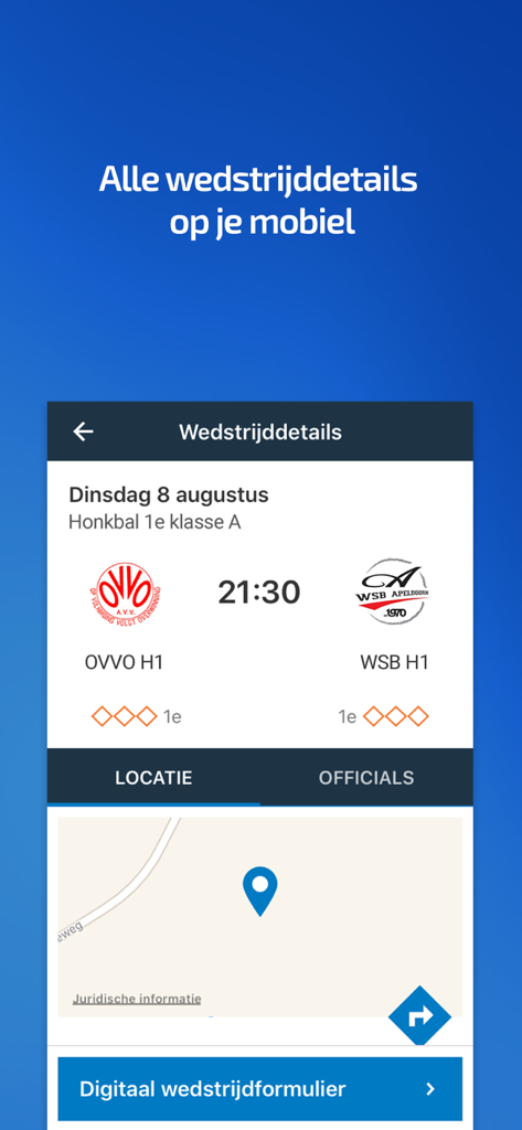 KNBSB Competitie - KNBSB Competitie app match details screen with team logos and game location map