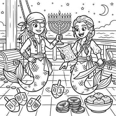 Set sail for a one-of-a-kind Hanukkah adventure with these daring pirate mermaids! Discover a festive scene filled with menorahs, dreidels, and hidden treasures, ready for your creative touch.