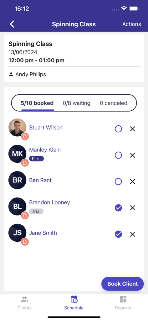 Glofox Pro - Staff App - Studio management app showing a class roster with member names and attendance status