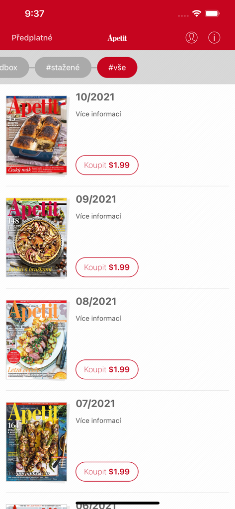 Bildschirm einer mobilen App, der eine Liste der verfügbaren digitalen Ausgaben der Zeitschrift Apetit zeigt.