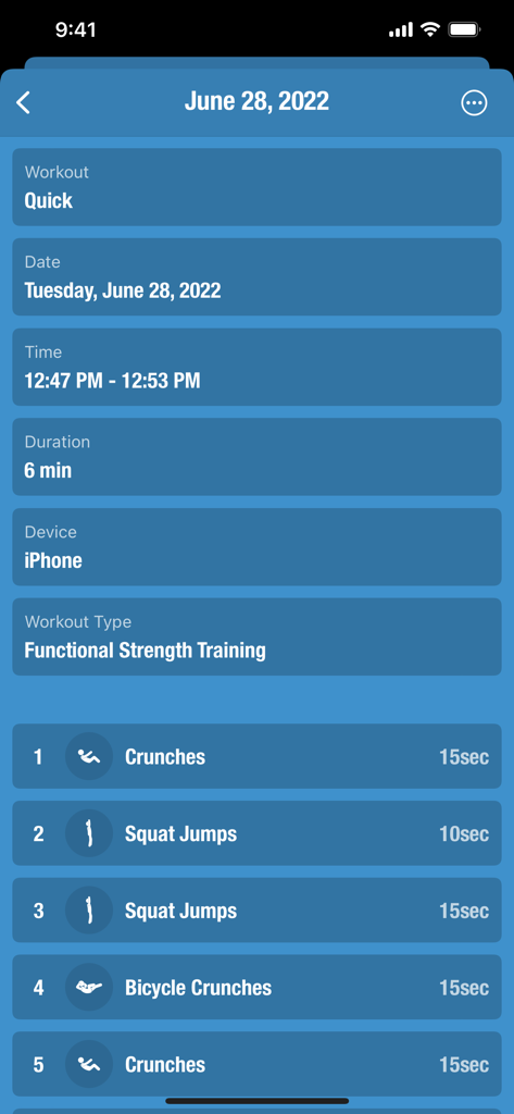 Summary screen of a six minute functional strength training session in the Streaks Workout app