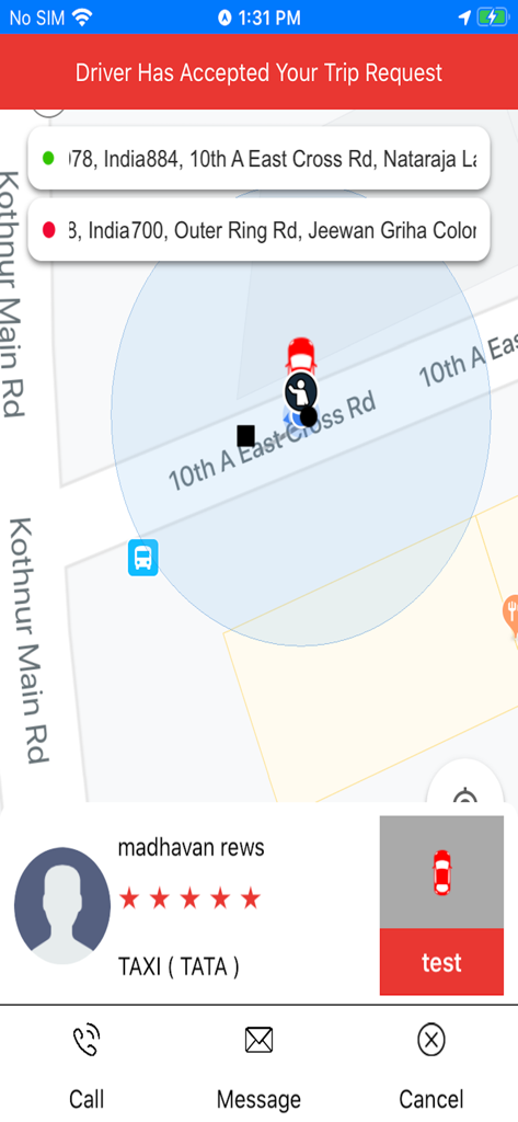 Taximandu - Interfaz de la aplicación Taximandu que muestra que un conductor ha aceptado una solicitud de viaje con un mapa en vivo y valoraciones del conductor.