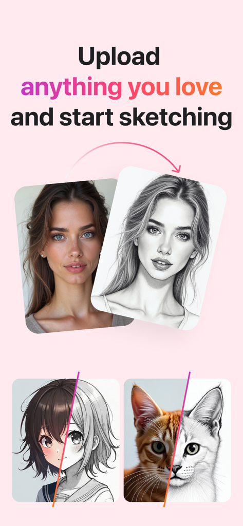 AR Drawing: Sketch & Paint - Examples of turning uploaded photos into sketches for tracing in the AR Drawing app including a portrait anime and a cat