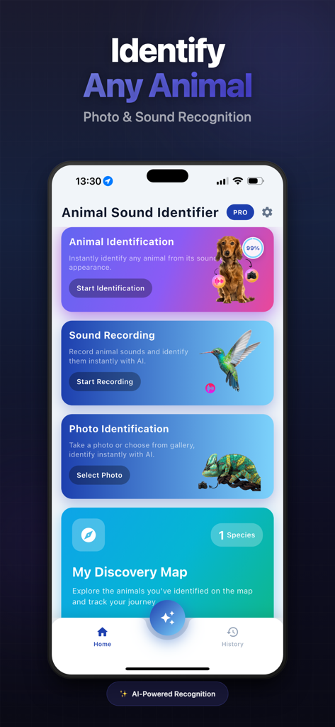 Animal Sound Identifier AI - Tela inicial do aplicativo Identificador de Sons de Animais IA mostrando recursos de reconhecimento de foto e som junto com um mapa de descoberta