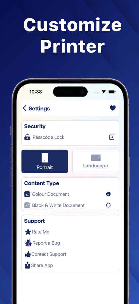 Printer App:Smart Print & Scan - Écran des paramètres dans Printer App montrant les options de verrouillage par code d'accès, d'orientation et de type de couleur
