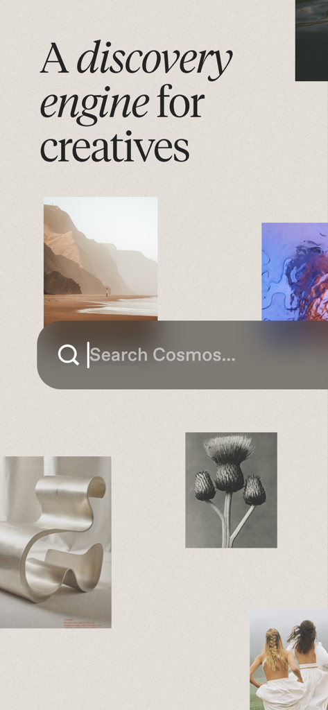 Cosmos: Search & Discover - Cosmos app interface featuring a search bar and a collection of curated aesthetic images for creative inspiration