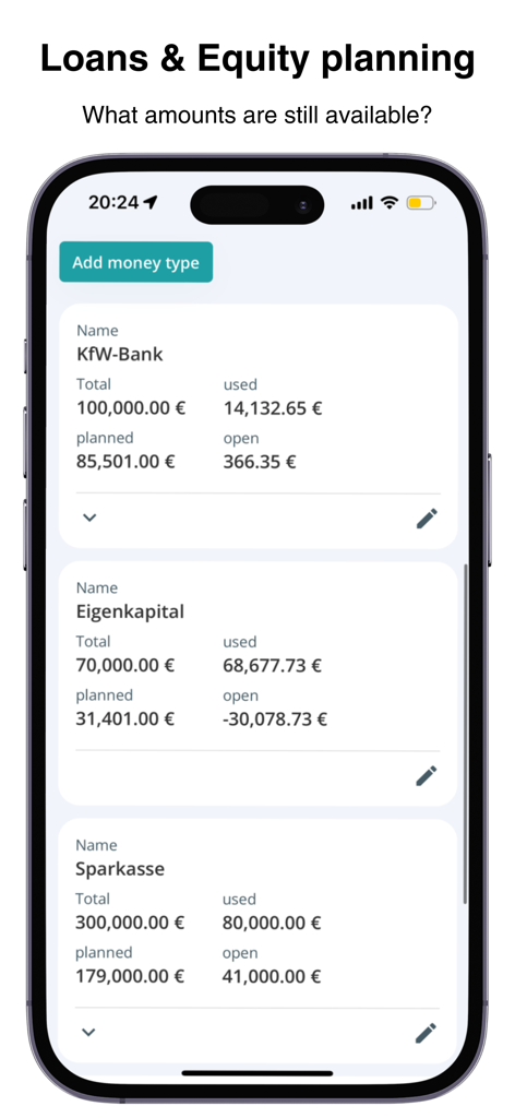 POCASIO House Building Manager - Budget dashboard for loan and equity planning in the POCASIO app showing financial breakdowns.