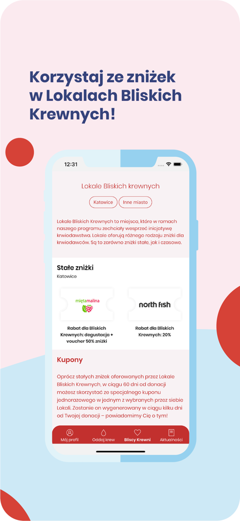 Bliscy Krewni - A mobile app screen showing a list of restaurant discounts and coupons available for blood donors in the Bliscy Krewni application.