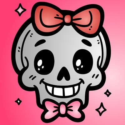 simple comical skeleton skull smiling with a bow on top of his head from the front