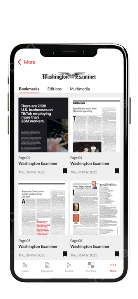 Aba de favoritos no aplicativo Washington Examiner mostrando páginas de revistas digitais salvas e artigos políticos.