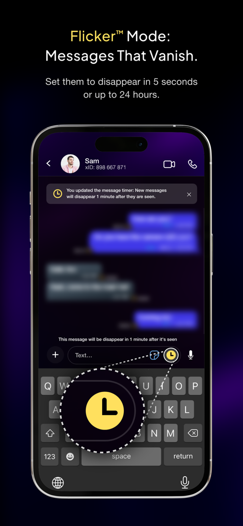 xPal Ultra Secure Messenger - Interface of xPal messenger showing Flicker Mode for vanishing messages with a custom timer.