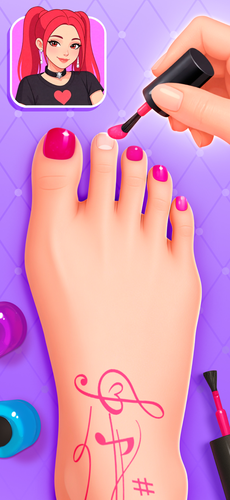 Nail Salon Games for Kids 2-5 - Un enfant se peignant les ongles des pieds en rose dans un jeu de salon de manucure pour enfants.
