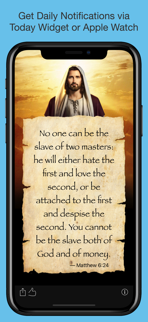 Texts From Jesus - Pantalla de smartphone mostrando una notificación de versículo bíblico diario en papel pergamino con una ilustración de Jesús