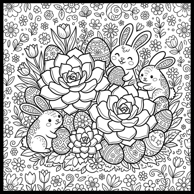 Immerse yourself in a delightful Easter scene featuring beautiful Echeveria succulents, playful bunnies, and charming decorated eggs. This festive design is perfect for celebrating spring and unleashing your creativity with vibrant colors.