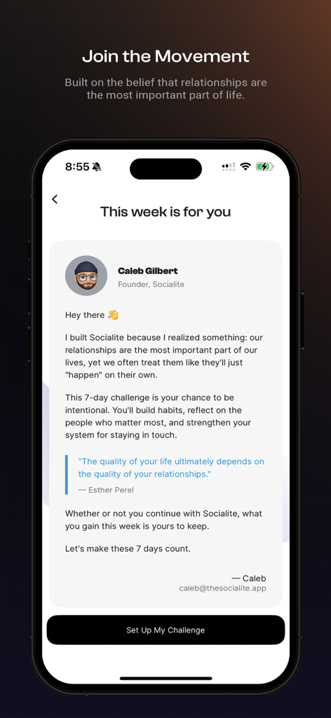 Socialite: Stay Connected - Introductory screen of Socialite app for a 7-day challenge to build better social habits.
