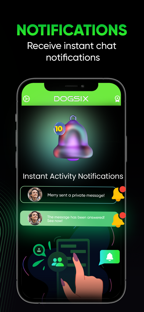 Dogsix - online tracker - Dogsix mobile app screen showing instant activity notifications and chat alerts.