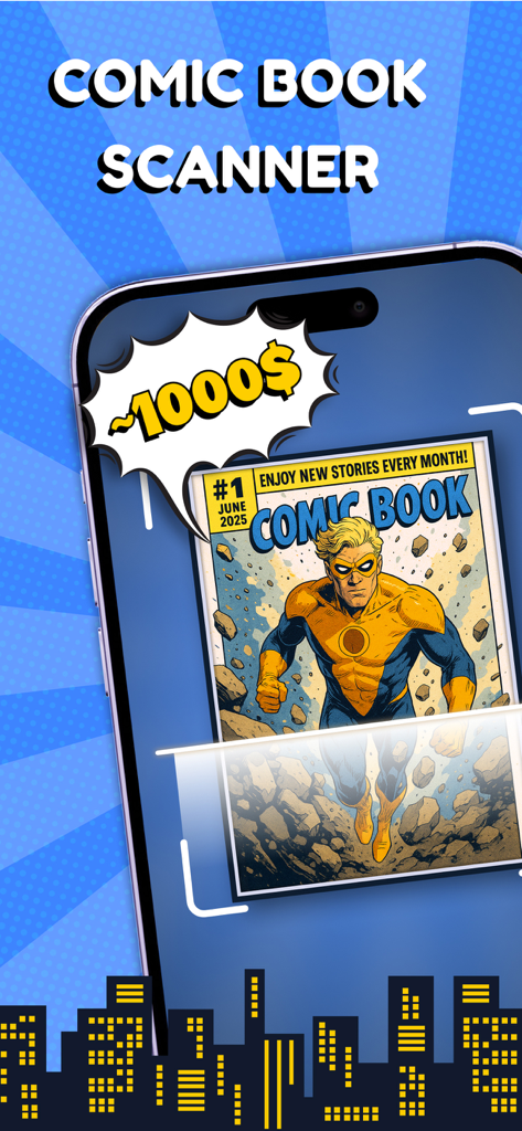 Smartphone interface of Comic Book Scanner app identifying a comic book and its market value