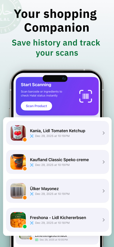 Halal Scanner - HalalScan AI - Halal Scanner app screen showing a history of scanned products and their status