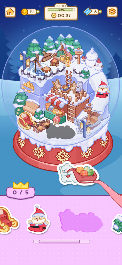 Charmies Land: Sticker Doodle - かわいいステッカーが付いた冬をテーマにしたスノードームレベルを示す、Charmies Land Sticker Doodleのゲームプレイ画面