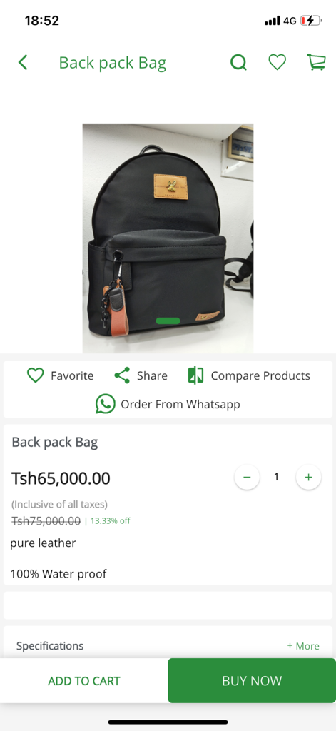 Mkinga Empire - Product page for a waterproof black leather backpack in the Mkinga Empire shopping app
