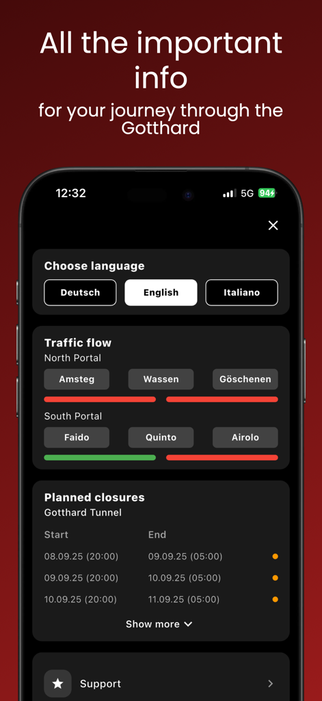 Gotthard Live Traffic App-Oberfläche, die den Verkehrsflussstatus und eine Liste geplanter Tunnelsperrungen anzeigt