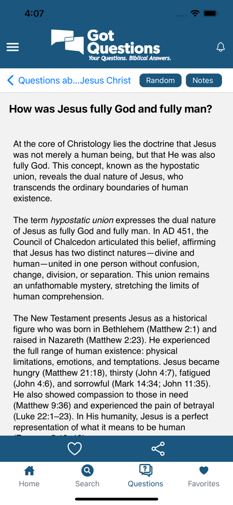 Mobile app interface showing a biblical answer to a question about Jesus Christ