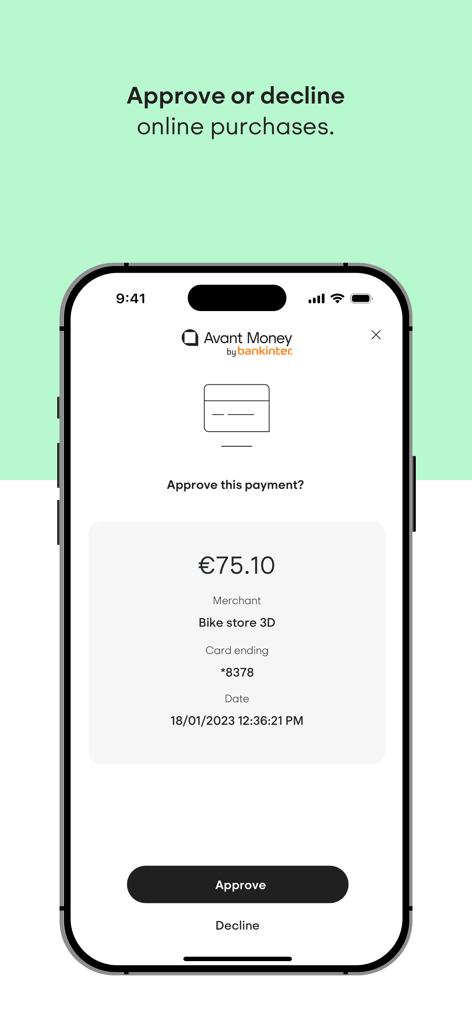 Pantalla de la aplicación Avant Money para aprobar o rechazar una compra en línea