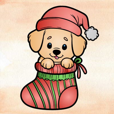 cute puppy wearing santa hat in socking