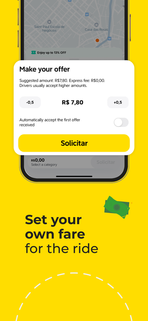 Interface de l'application 99 présentant la fonctionnalité permettant de définir soi-même le prix d'une course.