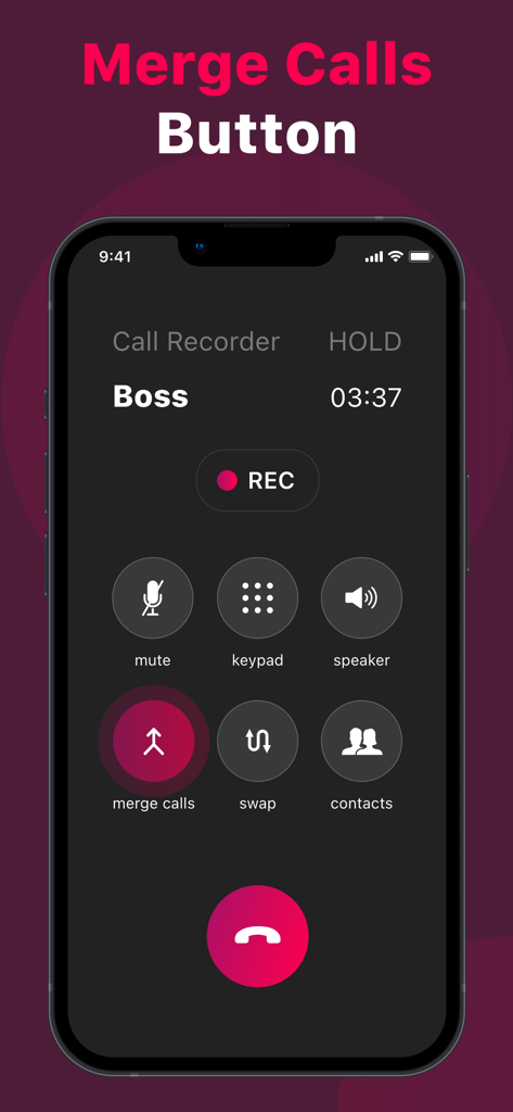 Interface of the Call Recorder app highlighting the merge calls button during an active phone call