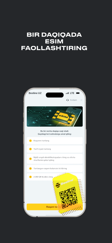 Beepul - Interface de l'application Beepul montrant le processus d'activation d'une eSIM Beeline Ouzbékistan