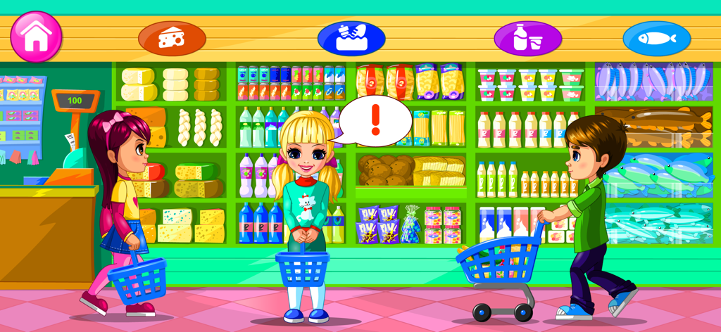 Cartoon characters with shopping baskets and carts in a toy supermarket