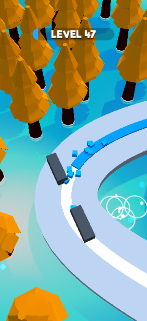 Cube Escape:Color Path - Captura de pantalla del juego de Cube Escape Color Path que muestra bloques azules moviéndose por un camino blanco a través de un entorno de bosque con árboles y obstáculos naranjas