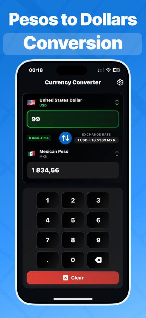 Pesos to Dollars Conversion US - Mobile app interface for Pesos to Dollars Conversion showing a US Dollar to Mexican Peso exchange calculation